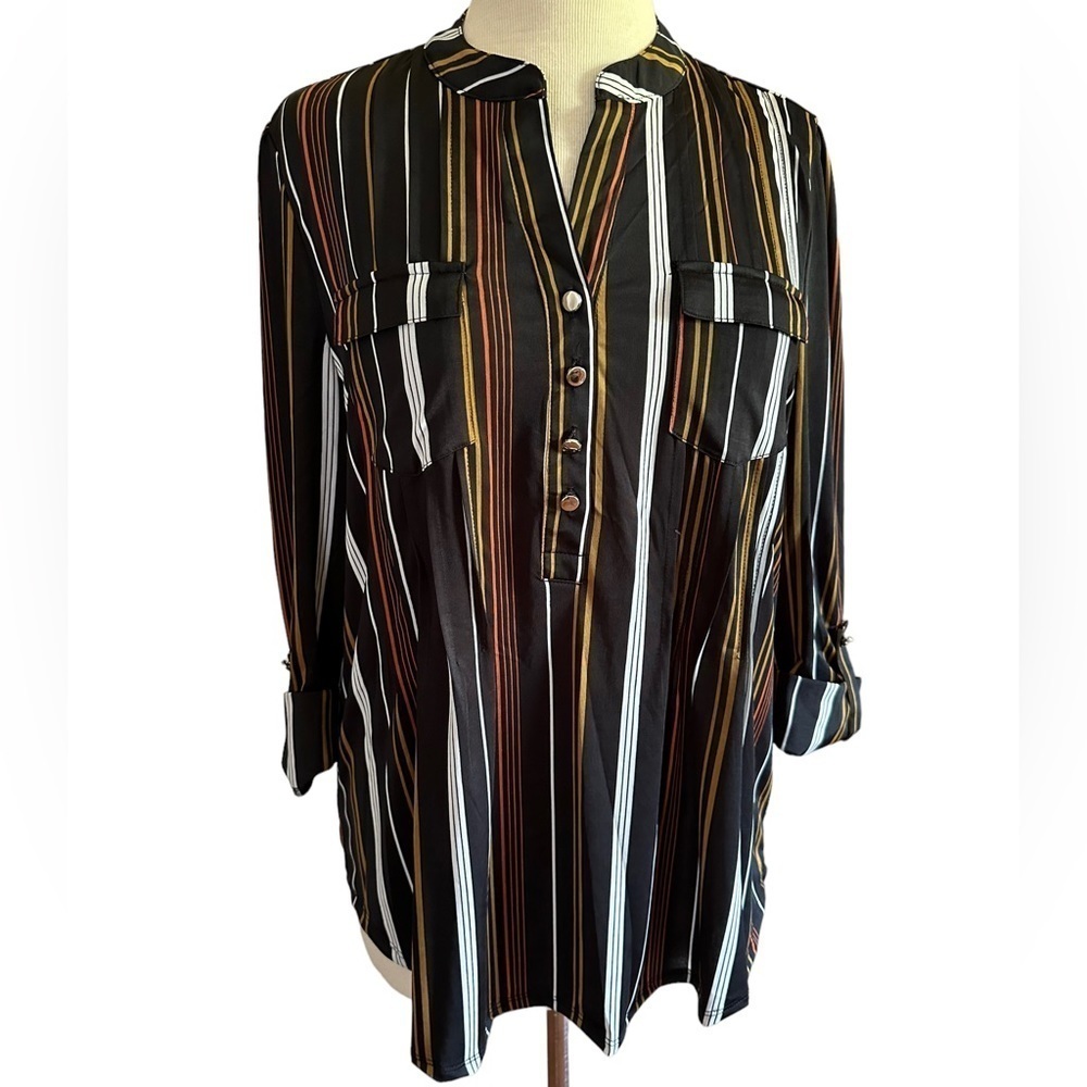 COCOMO XL Black Brown White 3/4 sleeve women’s Pintuck Blouse top sh…